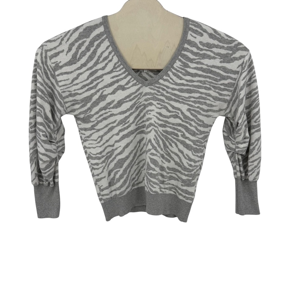 Sundays Zebra V-Neck Sweater Women Size 2 Gray White Cotton Animal Print Medium
